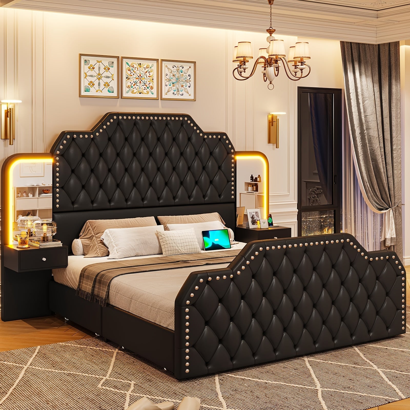 queen size bed frame 2 nightstands mirror modern platform