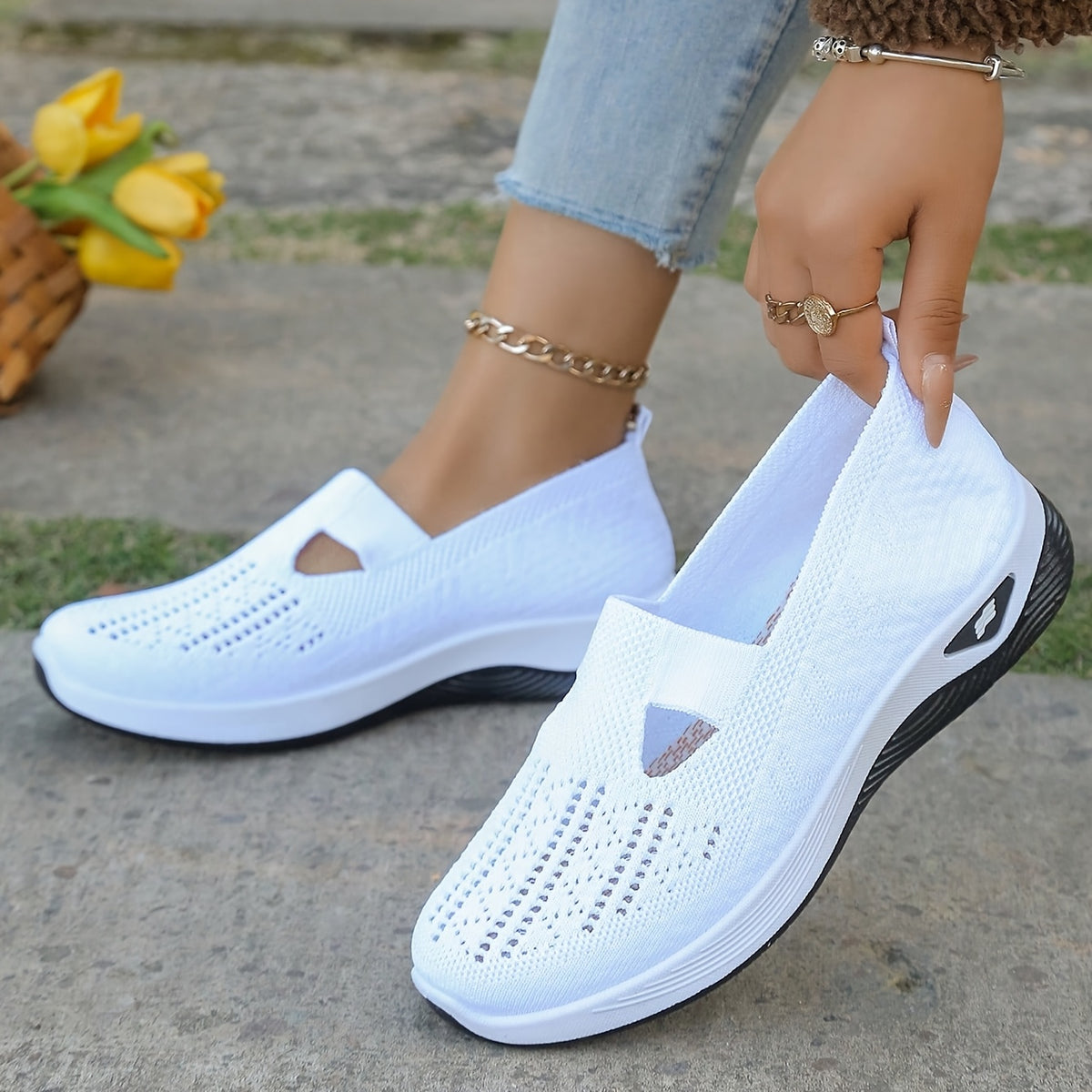 womens breathable knit wedge casual shoes hollow cut
