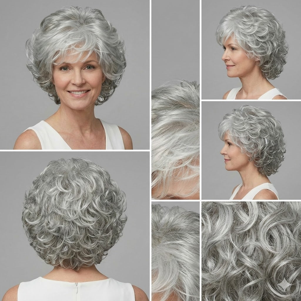 popular silvery gray short wavy wig women featuring a fluffy