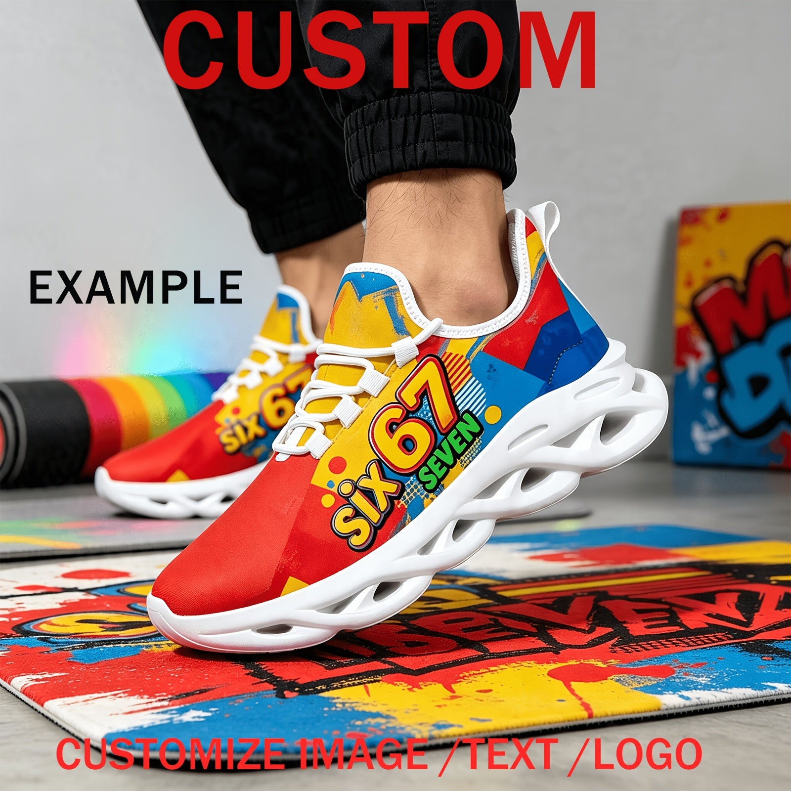 mens white plus size custom logo text image sneakers