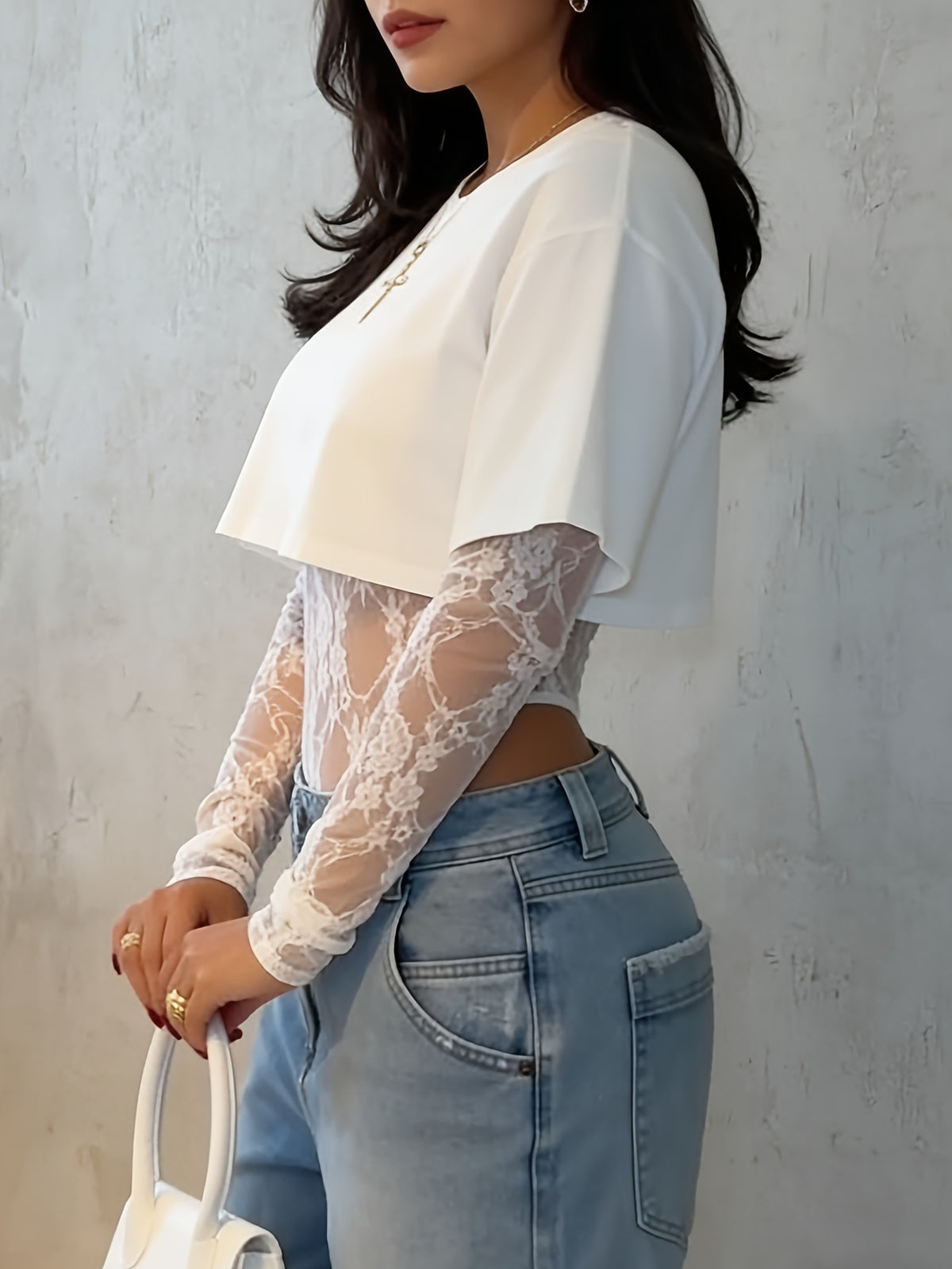 long sleeve irregular t shirt top lace jumpsuit women round