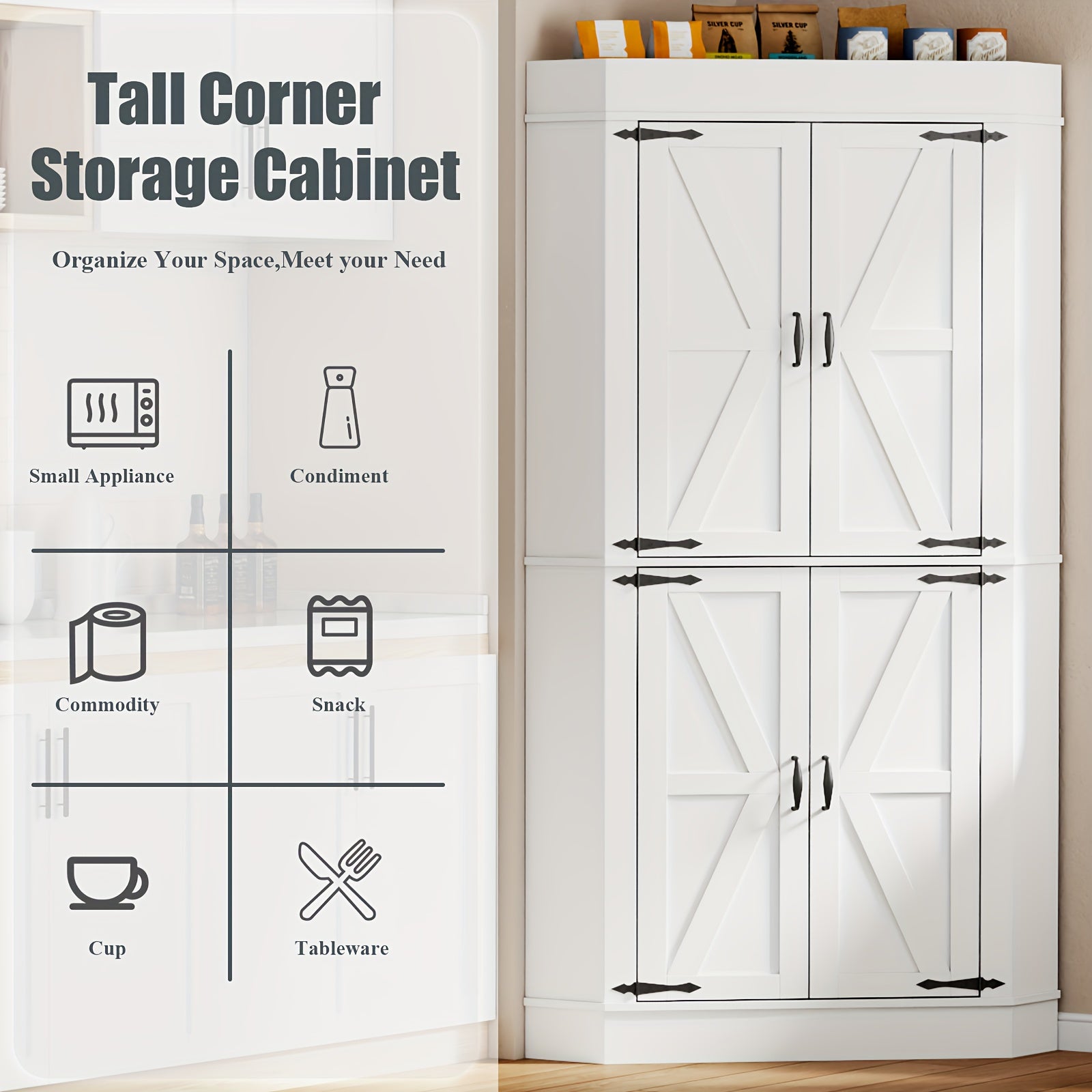 71 farmhouse kitchen pantry cabinet doors shelves tall