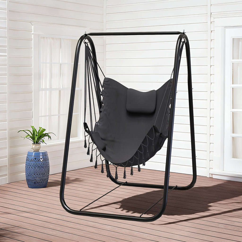 outdoor swing chair a stand featuring a   metal hammock
