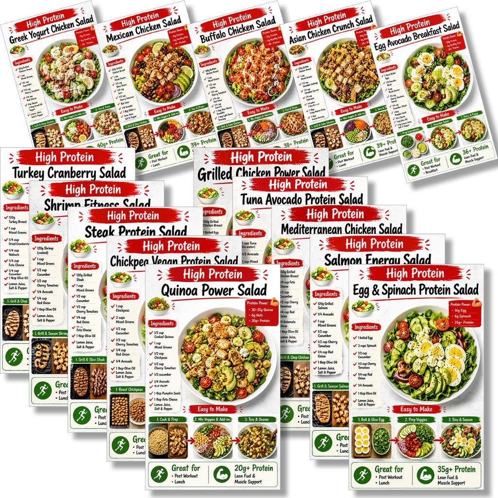 set high protein salad recipe cards   prep guide