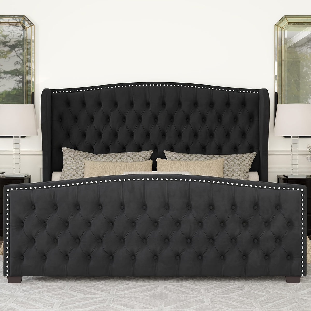 platform bed frame velvet upholstered bed deep button tufted