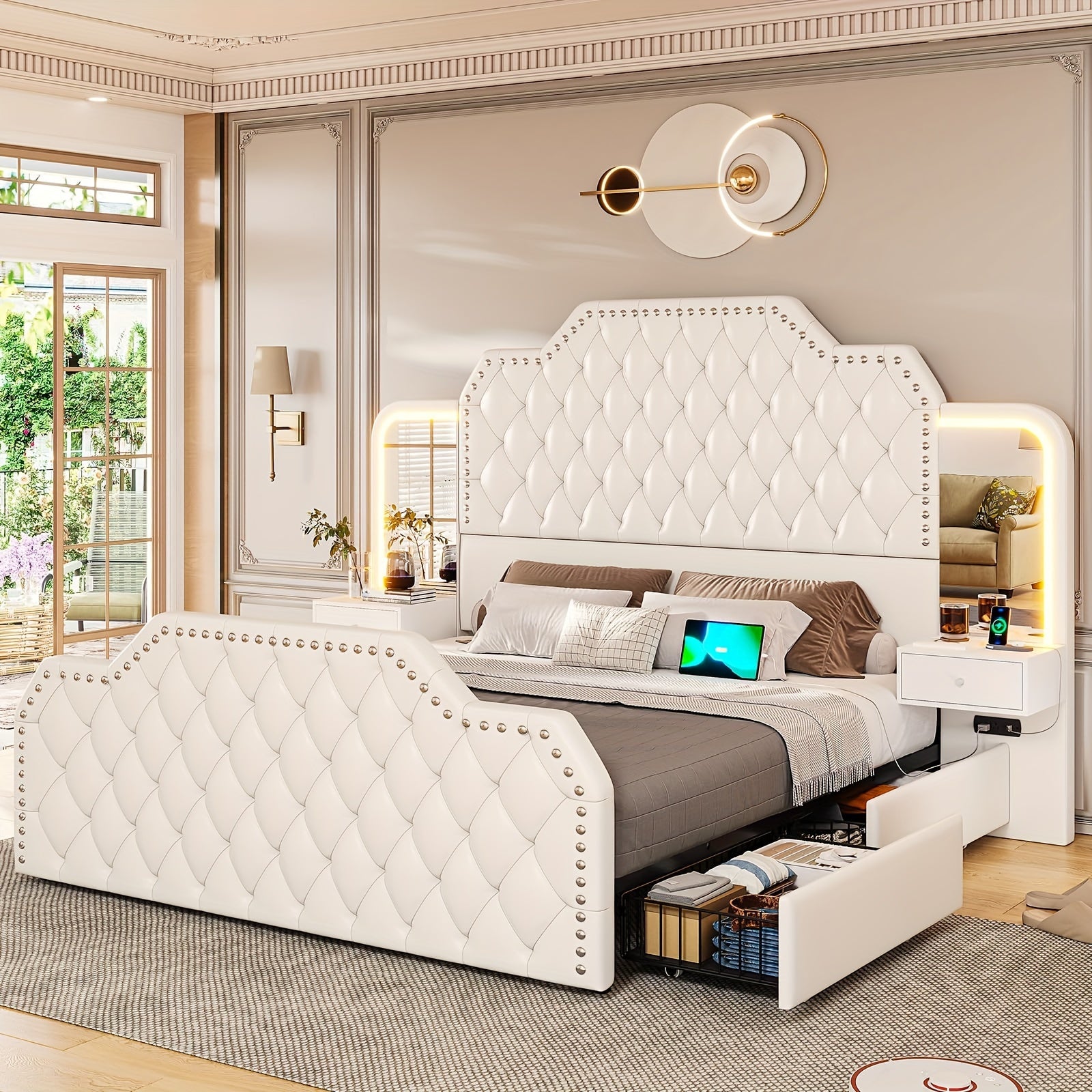queen size bed frame 2 nightstands mirror modern platform