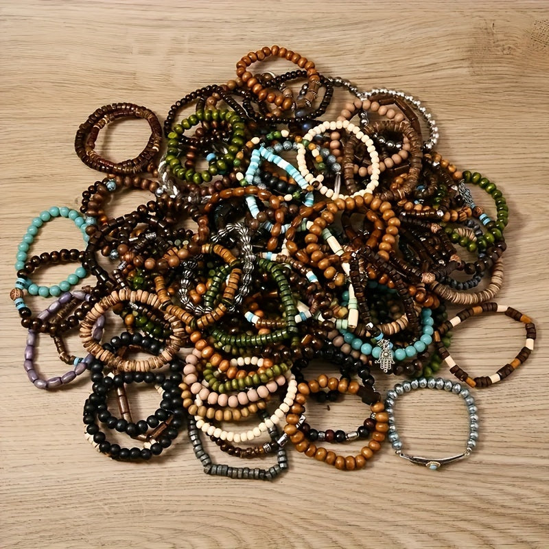 36 pack assorted wooden beaded bracelets   metal