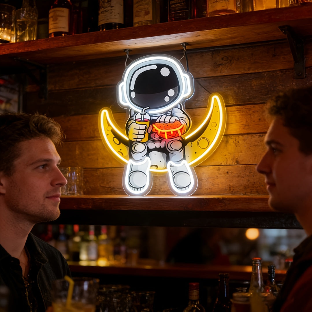 a neon astronaut sign an adjustable brightness art piece