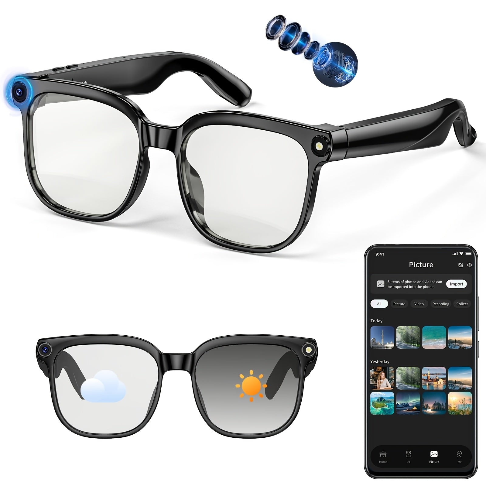 smart   8mp hd video recording glasses audio