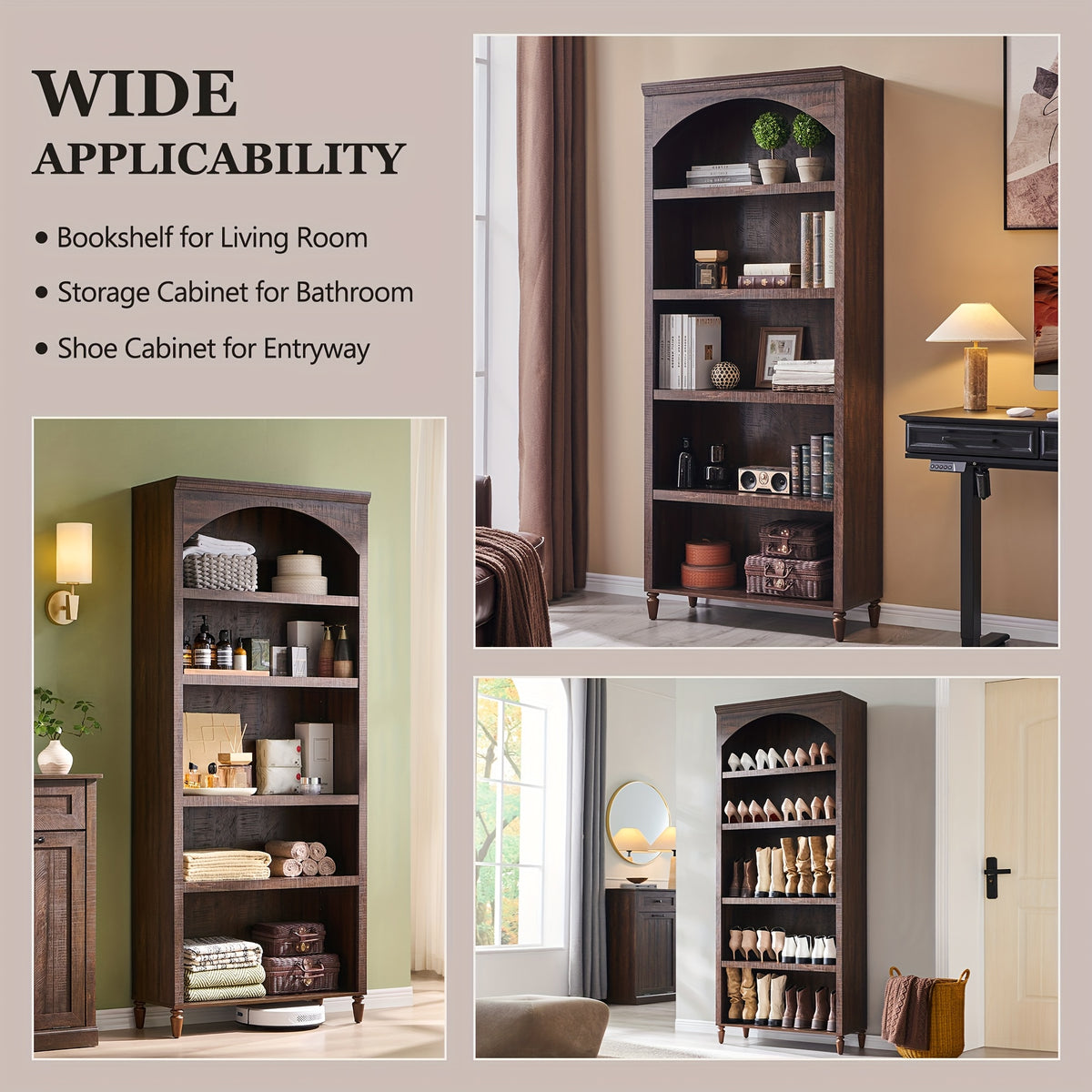 76 tall arched bookcase farmhouse 5 tiers large arched