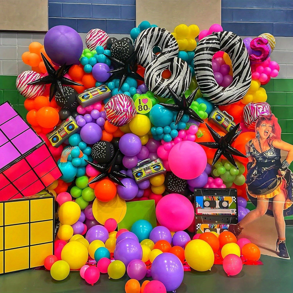 a set 104 balloons featuring an 80s theme showcasing vibrant