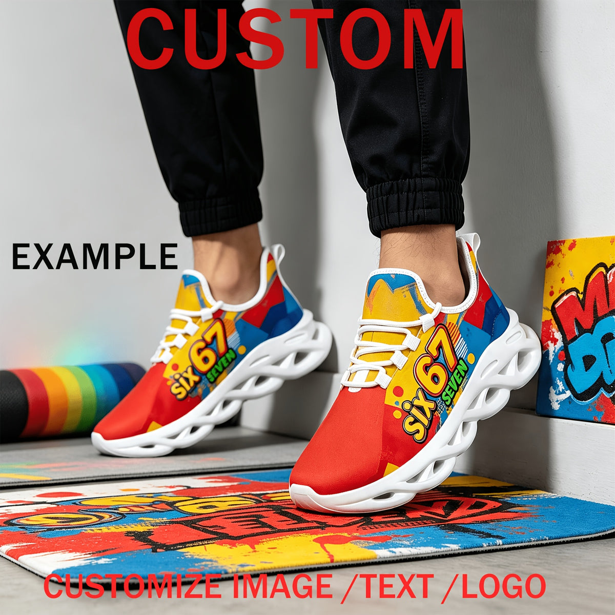 mens white plus size custom logo text image sneakers