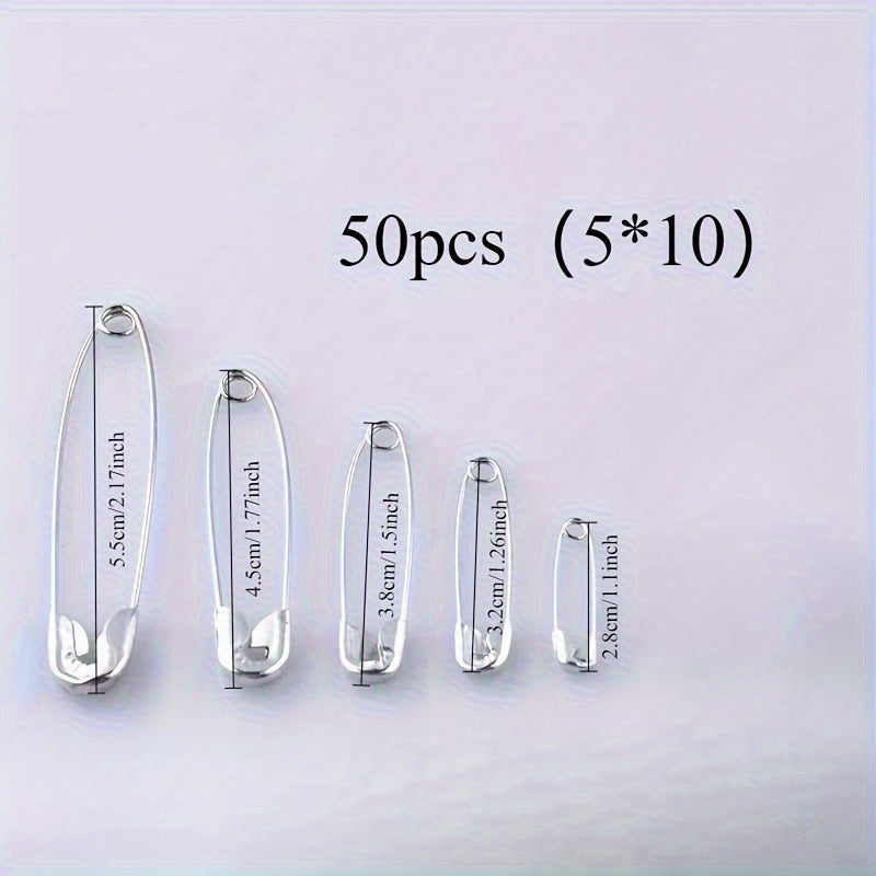 a pack 50 assorted sizes safety pins galvanized metal