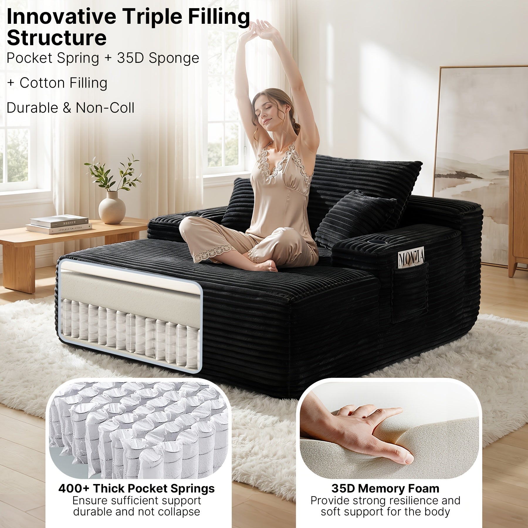 extra large boneless sofa chaise lounge cup holder side