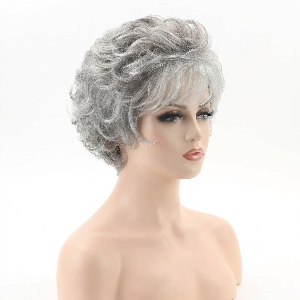 popular silvery gray short wavy wig women featuring a fluffy
