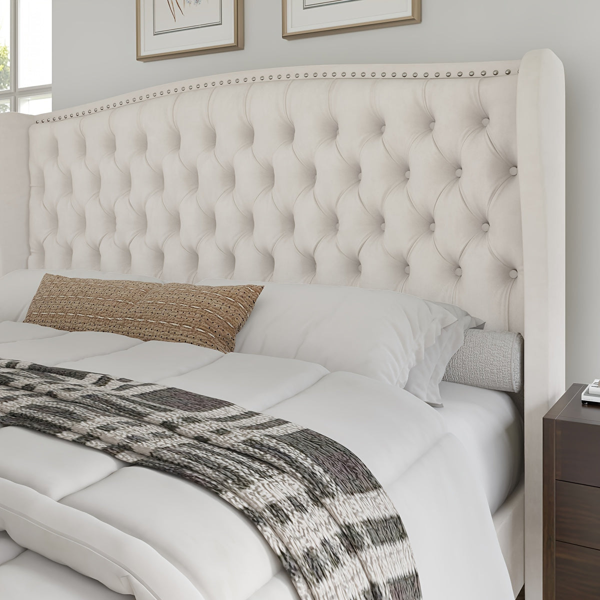 handcrafted velvet bed frame featuring a wingback headboard