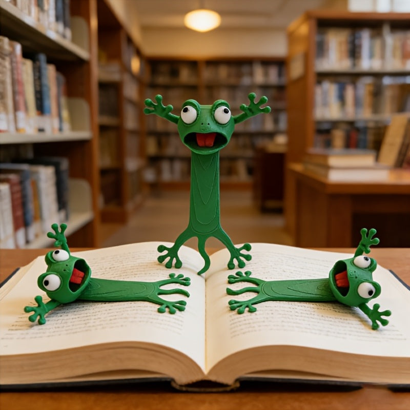 whimsical 3d stereoscopic slouchy frog bookmark reading book