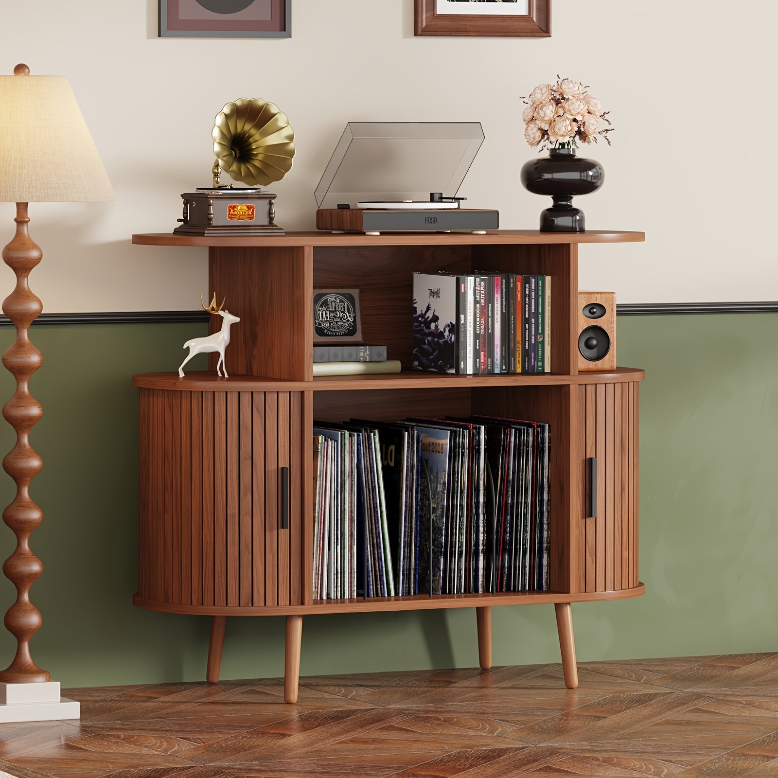 century modern record player stand storage vinyl record