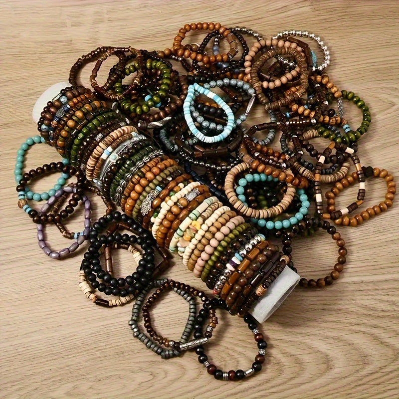 36 pack assorted wooden beaded bracelets   metal