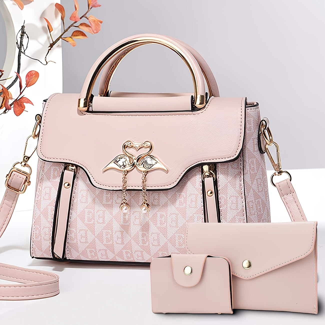 3pcs womens handbag set swan decor top handle tote bag card