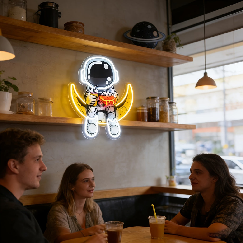 a neon astronaut sign an adjustable brightness art piece