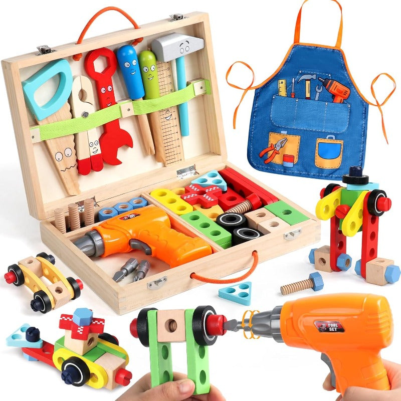 44pcs wooden kids tool set electric drill apron storage box