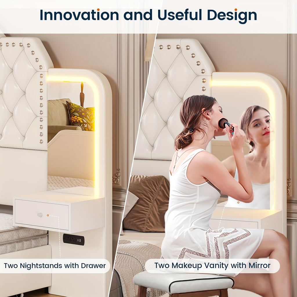 queen size bed frame 2 nightstands mirror modern platform