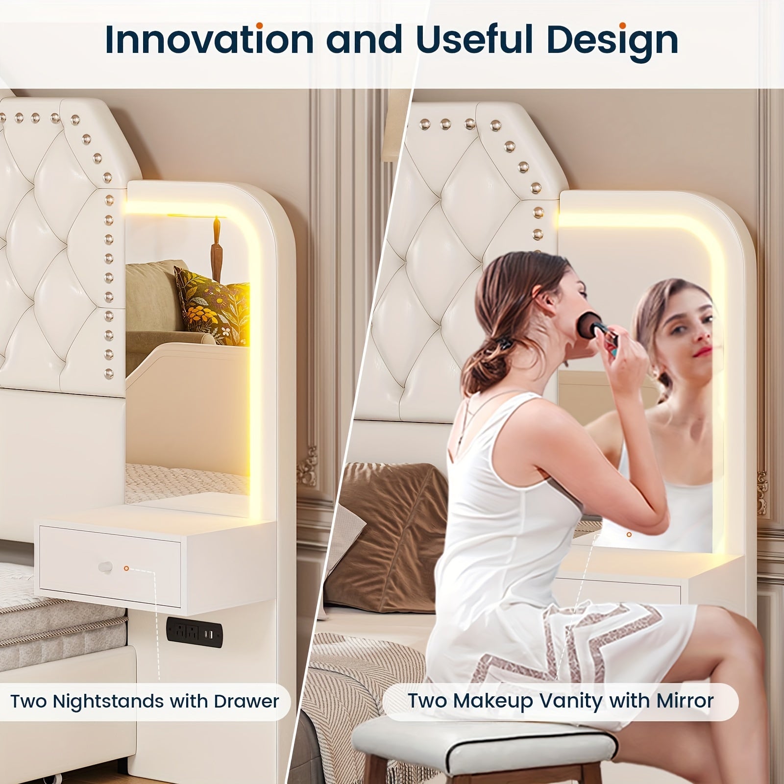 queen size bed frame 2 nightstands mirror modern platform