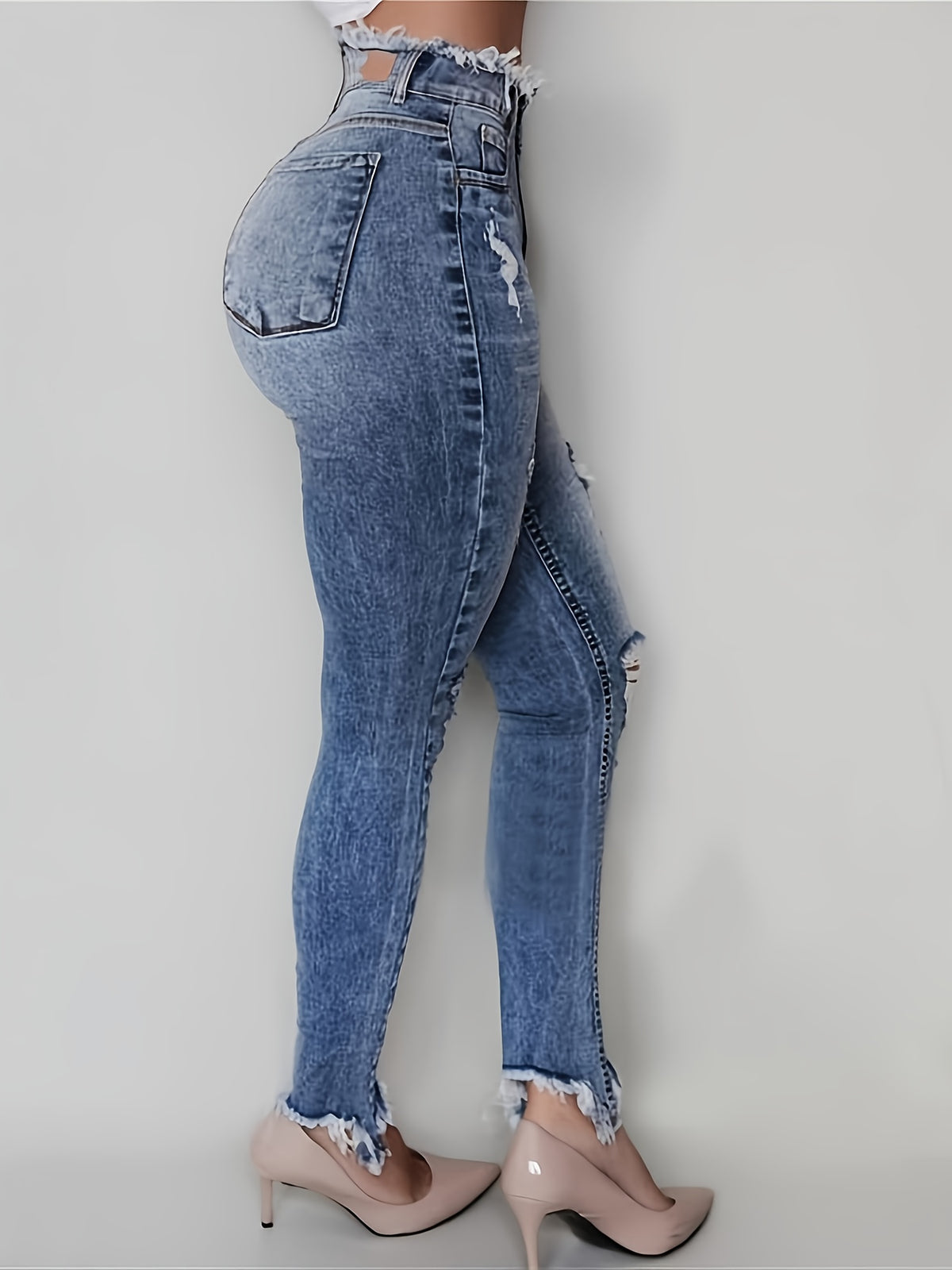 irregularly ripped jeans women     style blue denim