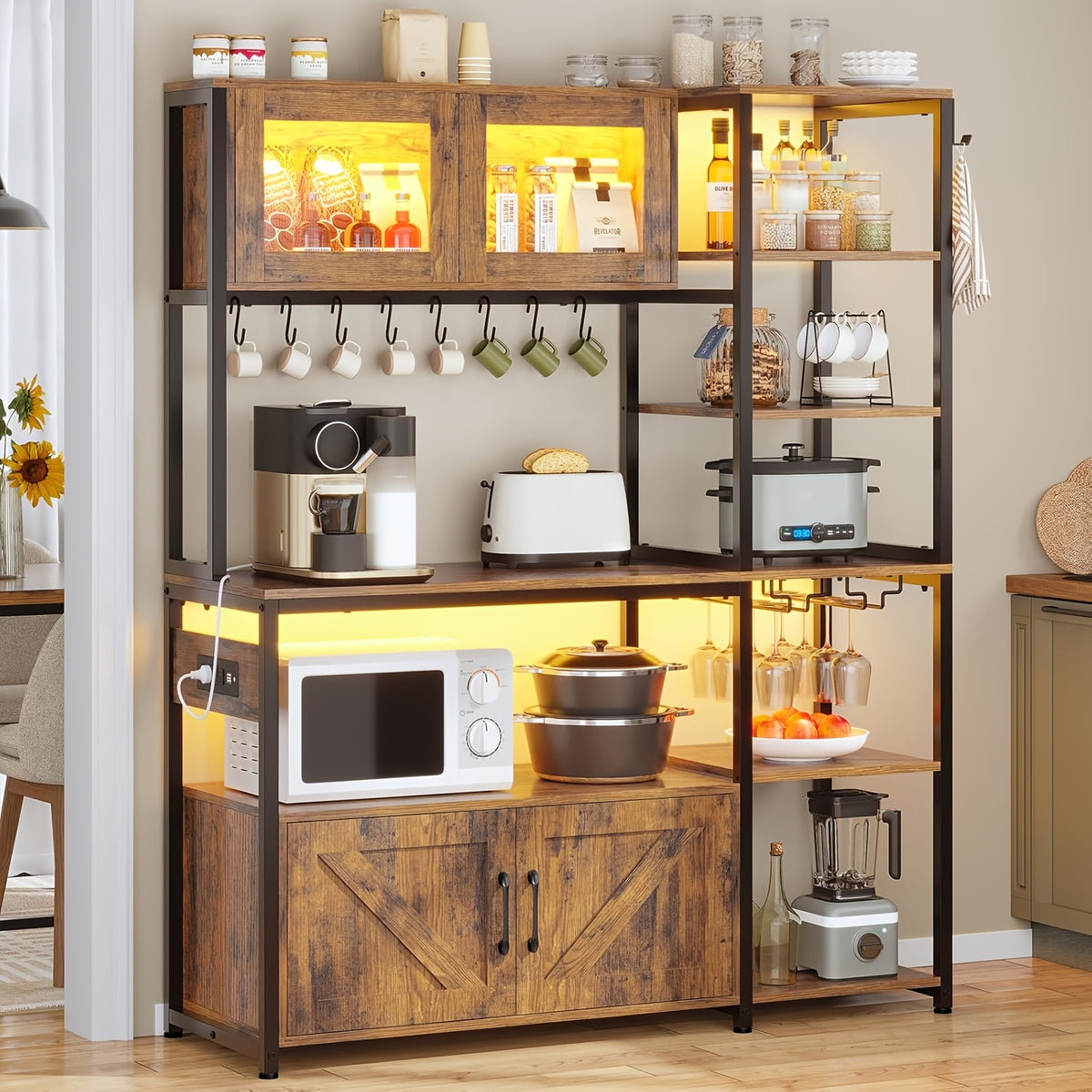 bakers rack led light 45 3 farmhouse coffee bar cabinet