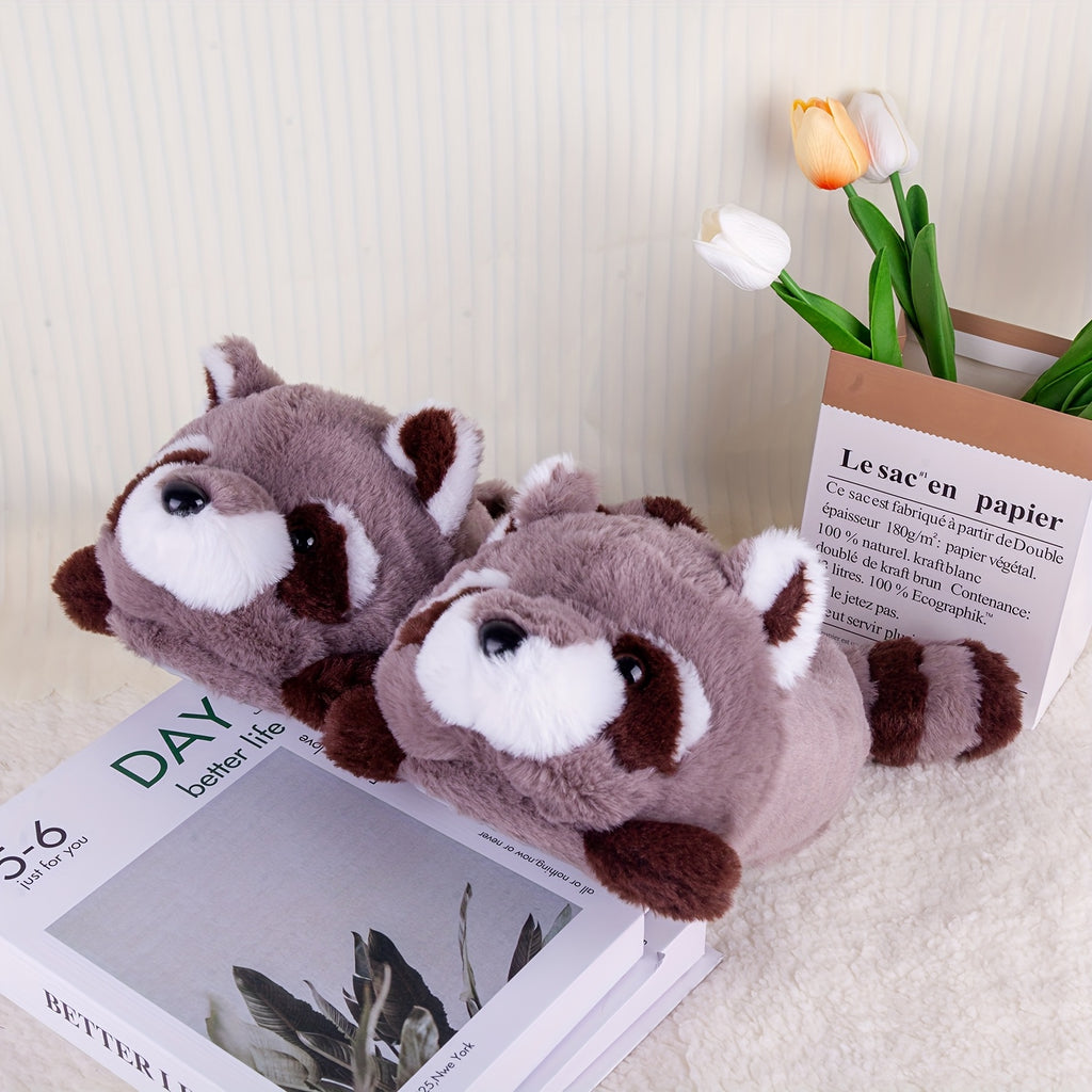 cute stuffed gray raccoon plush indoor slippers comfortable