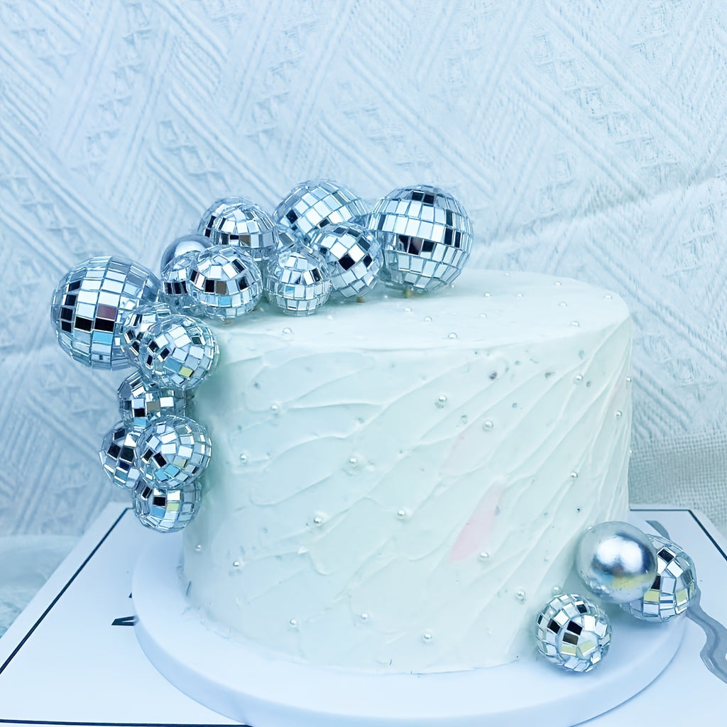 14 silver disco ball cake decorations suitable 70s disco