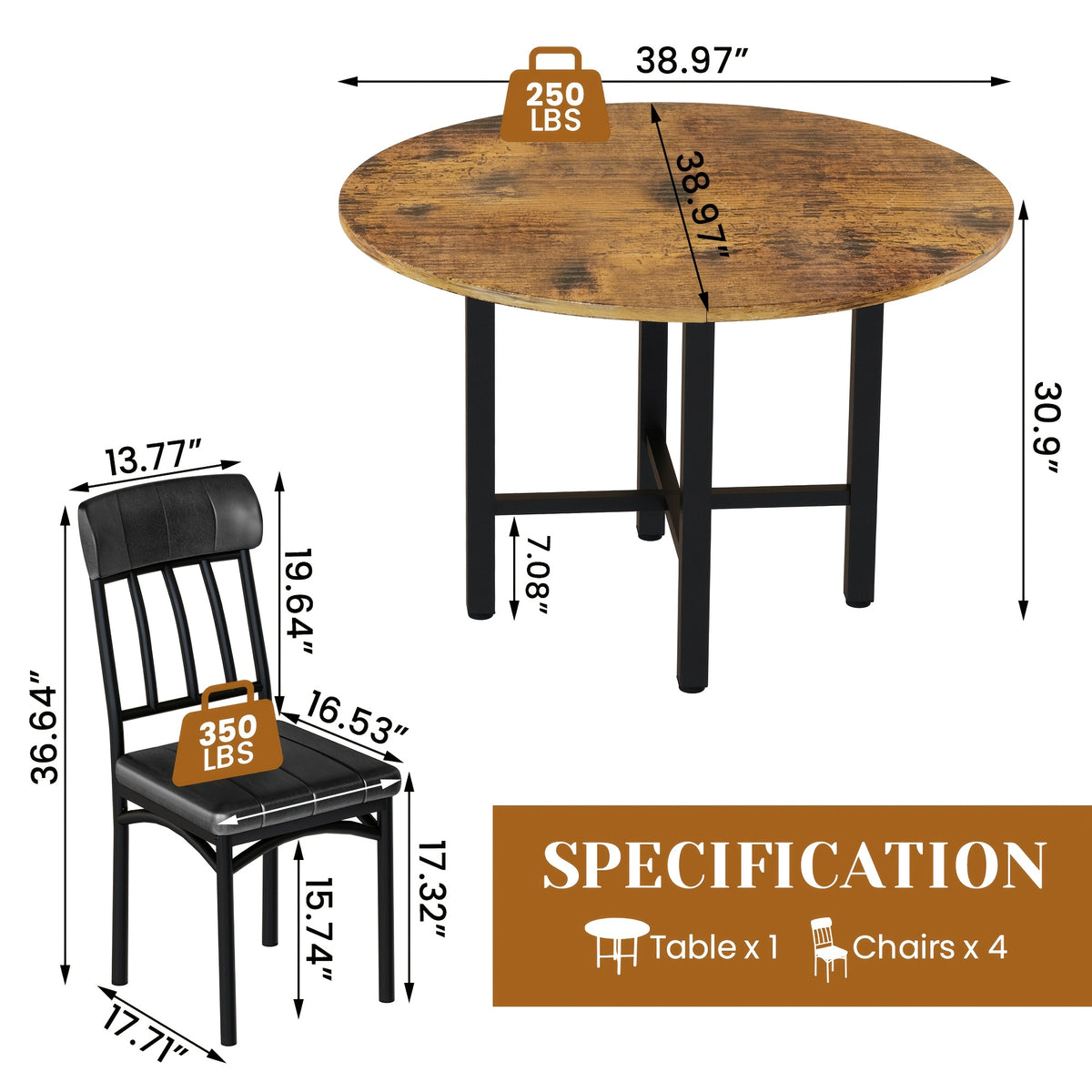 5pcs kitchen table chairs set dining table set 4 rounded