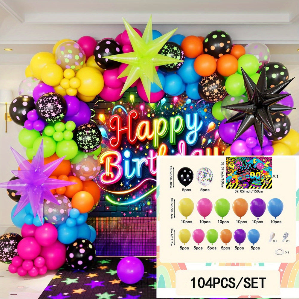 a set 104 balloons featuring an 80s theme showcasing vibrant