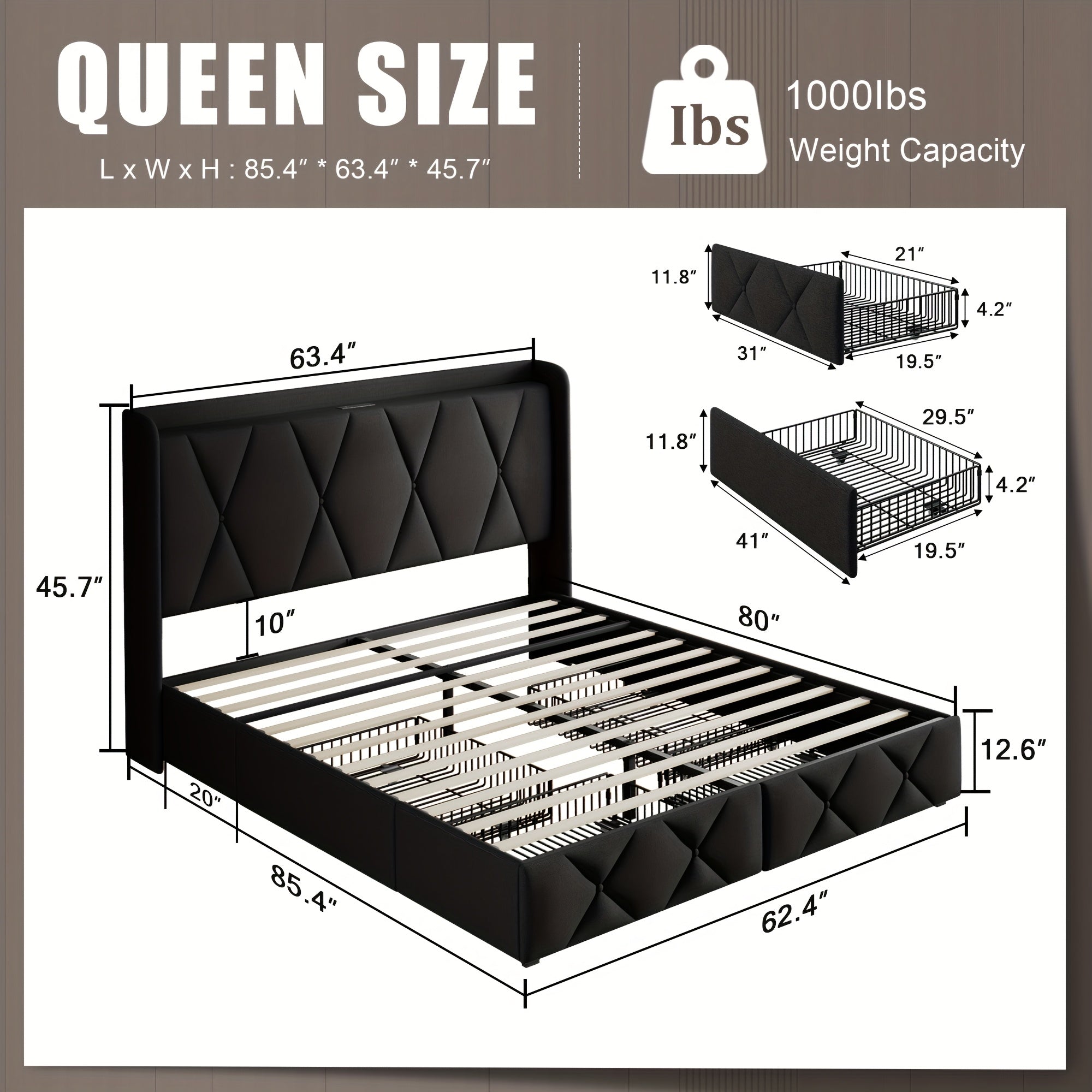 4 drawers storage bed frame wingback headboard
