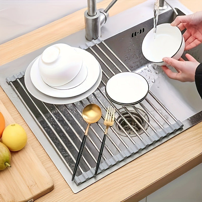 1pc deluxe roll stainless steel dish drying rack space