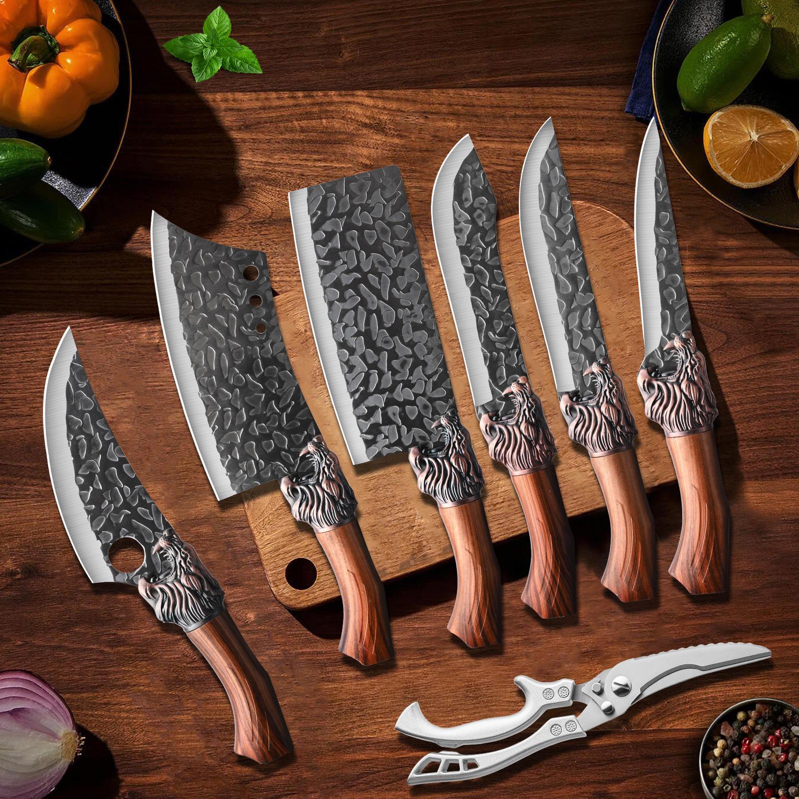7pcs chef knife set   damascus style blade brown