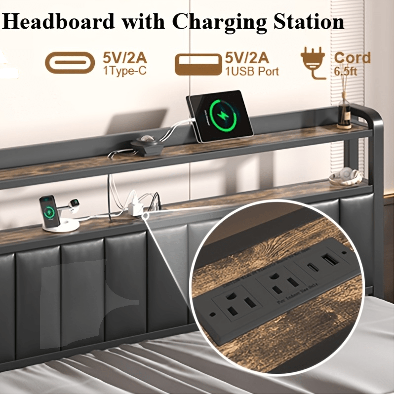 metal platform bed storage   upholstered headboard