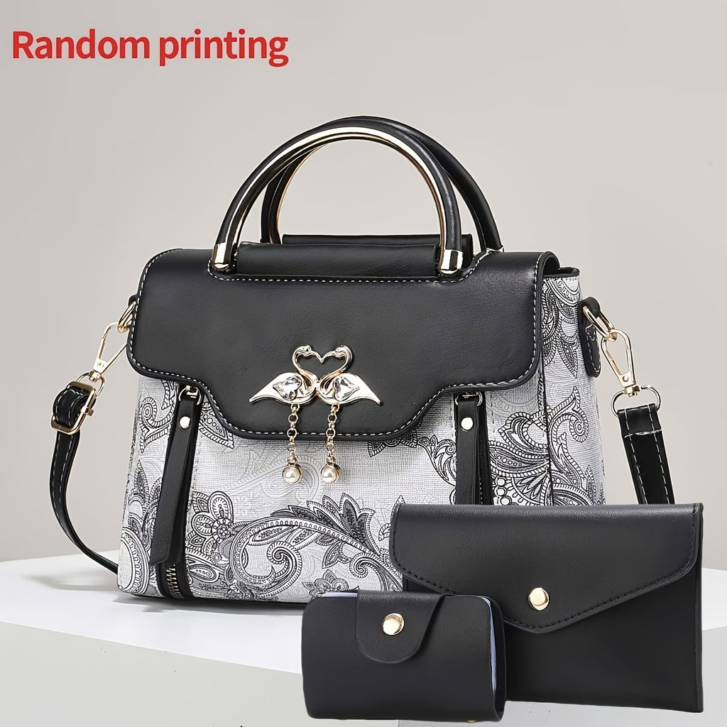 3pcs womens handbag set swan decor top handle tote bag card