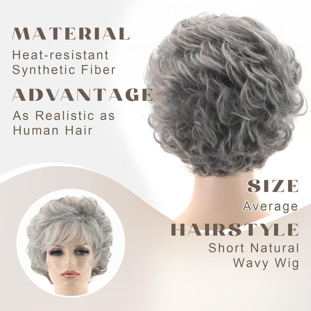 popular silvery gray short wavy wig women featuring a fluffy
