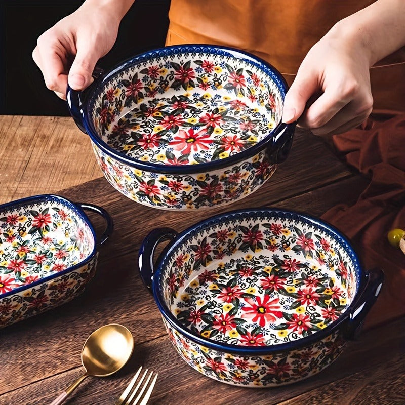 1pc large 950ml ceramic soup bowl dual handles floral