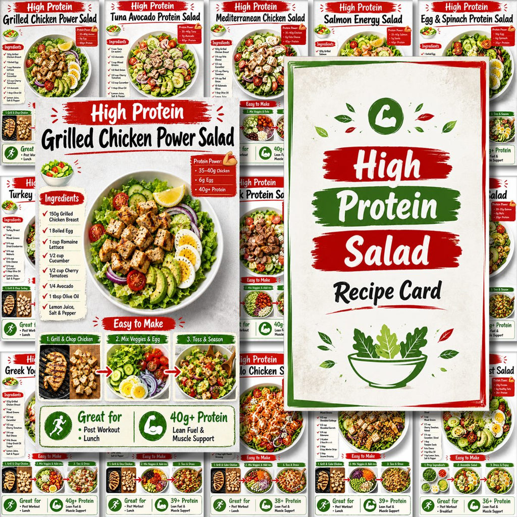 set high protein salad recipe cards   prep guide