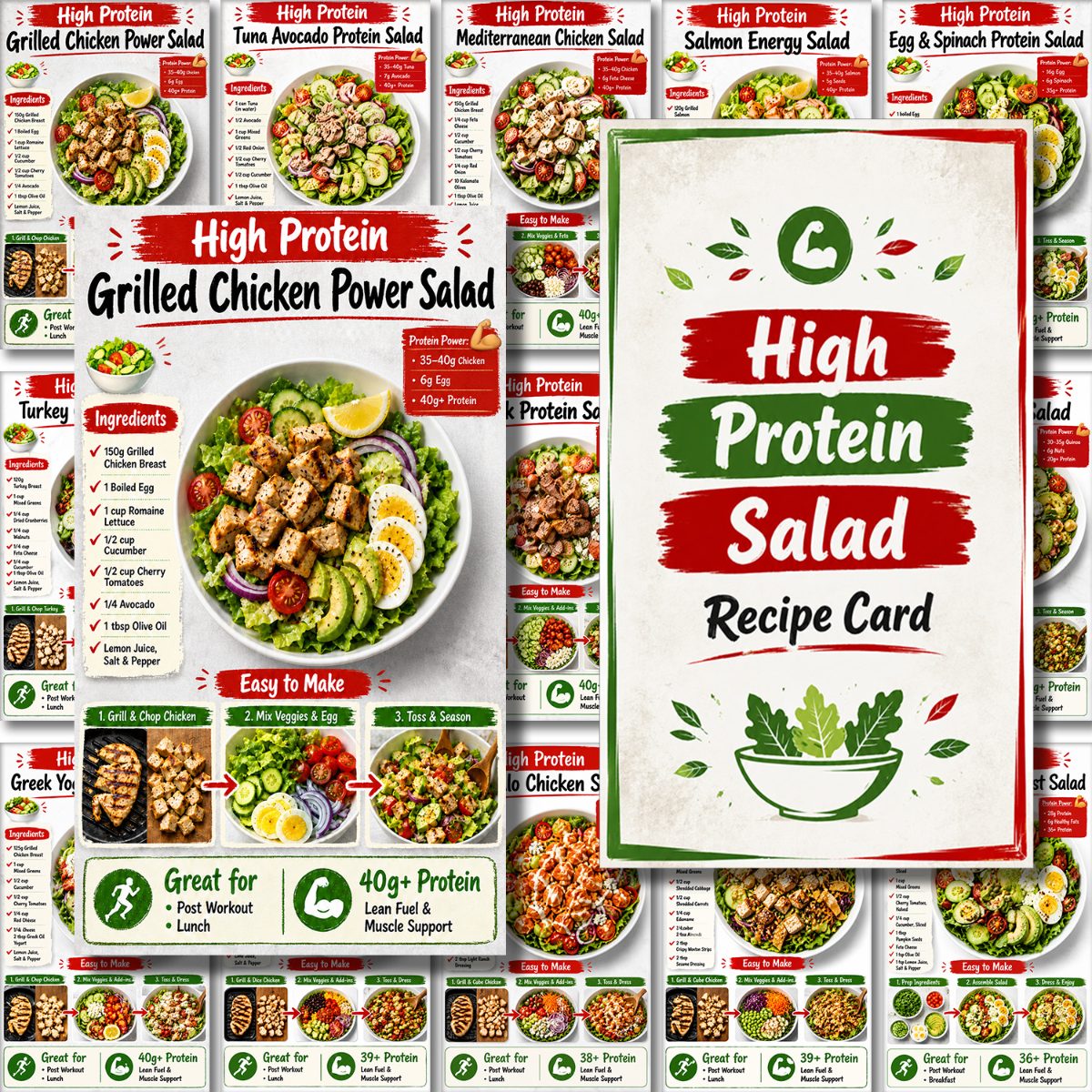 set high protein salad recipe cards   prep guide