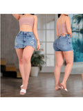 waisted stretch washed ripped denim shorts women