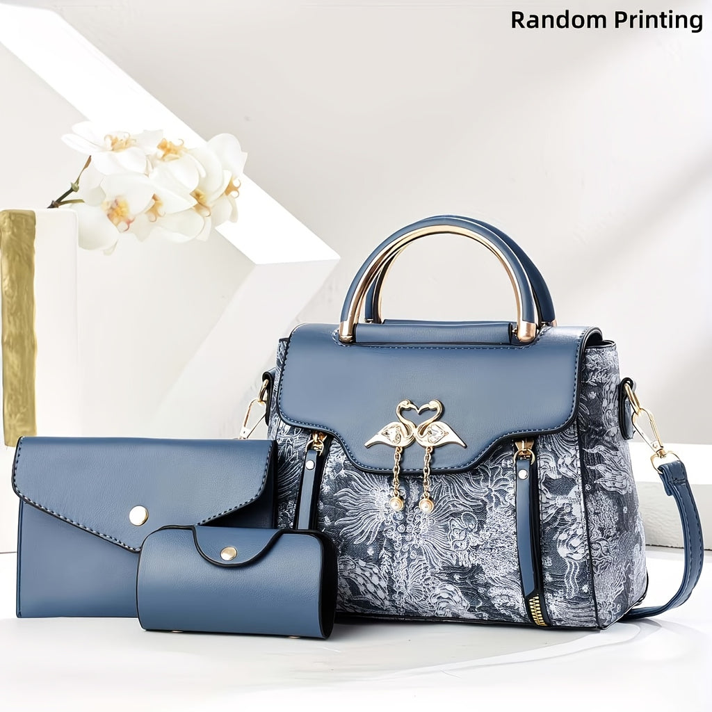 3pcs womens handbag set swan decor top handle tote bag card