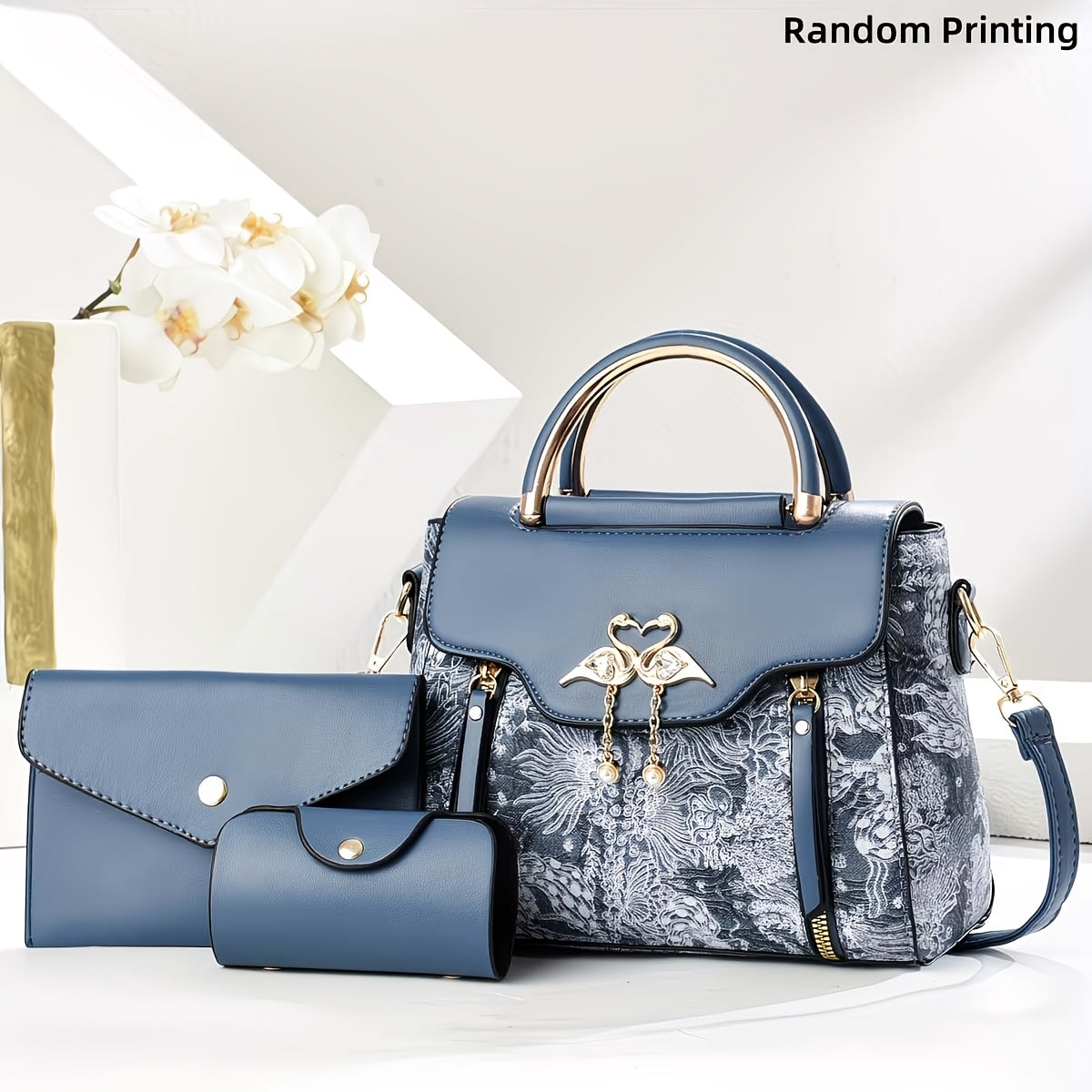 3pcs womens handbag set swan decor top handle tote bag card