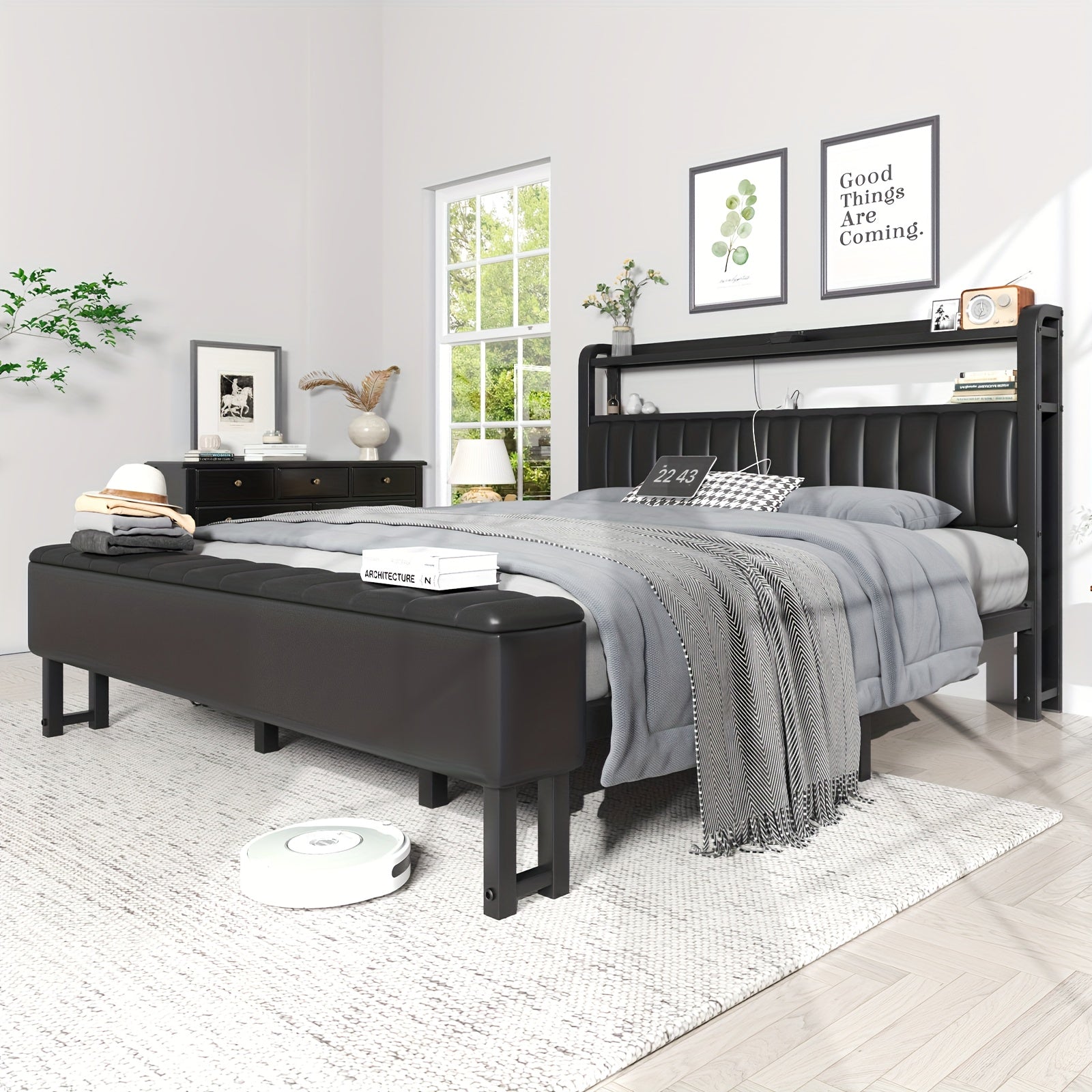 metal platform bed storage   upholstered headboard