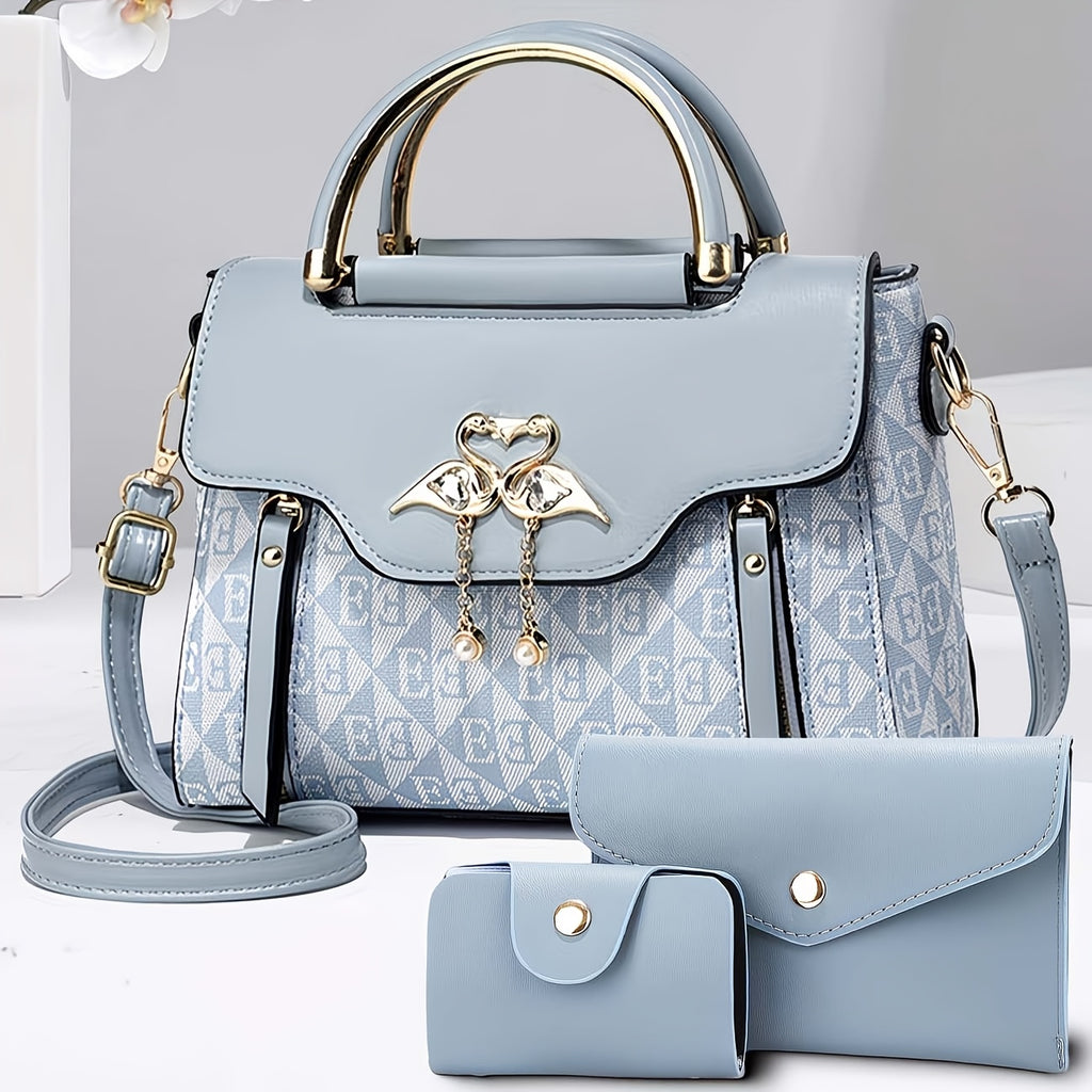 3pcs womens handbag set swan decor top handle tote bag card