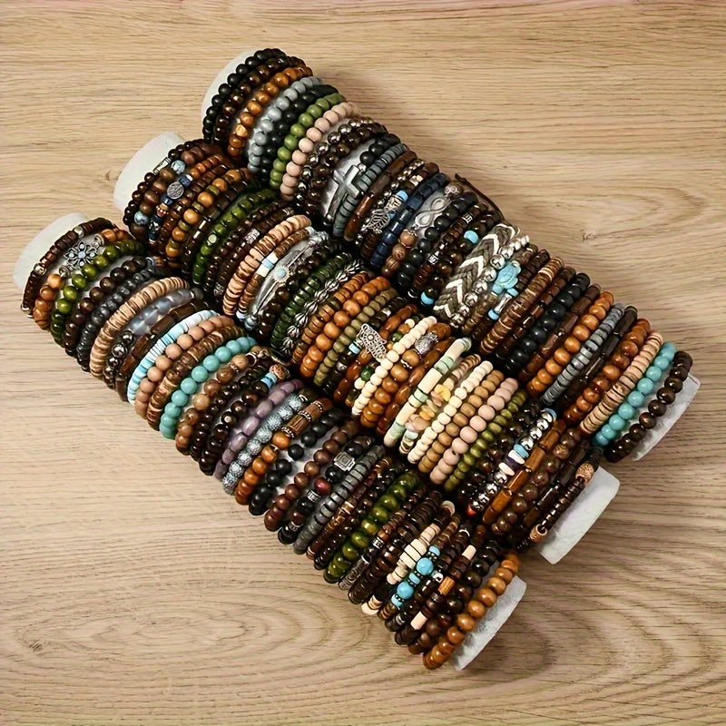 36 pack assorted wooden beaded bracelets   metal