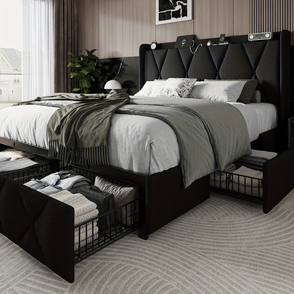 4 drawers storage bed frame wingback headboard